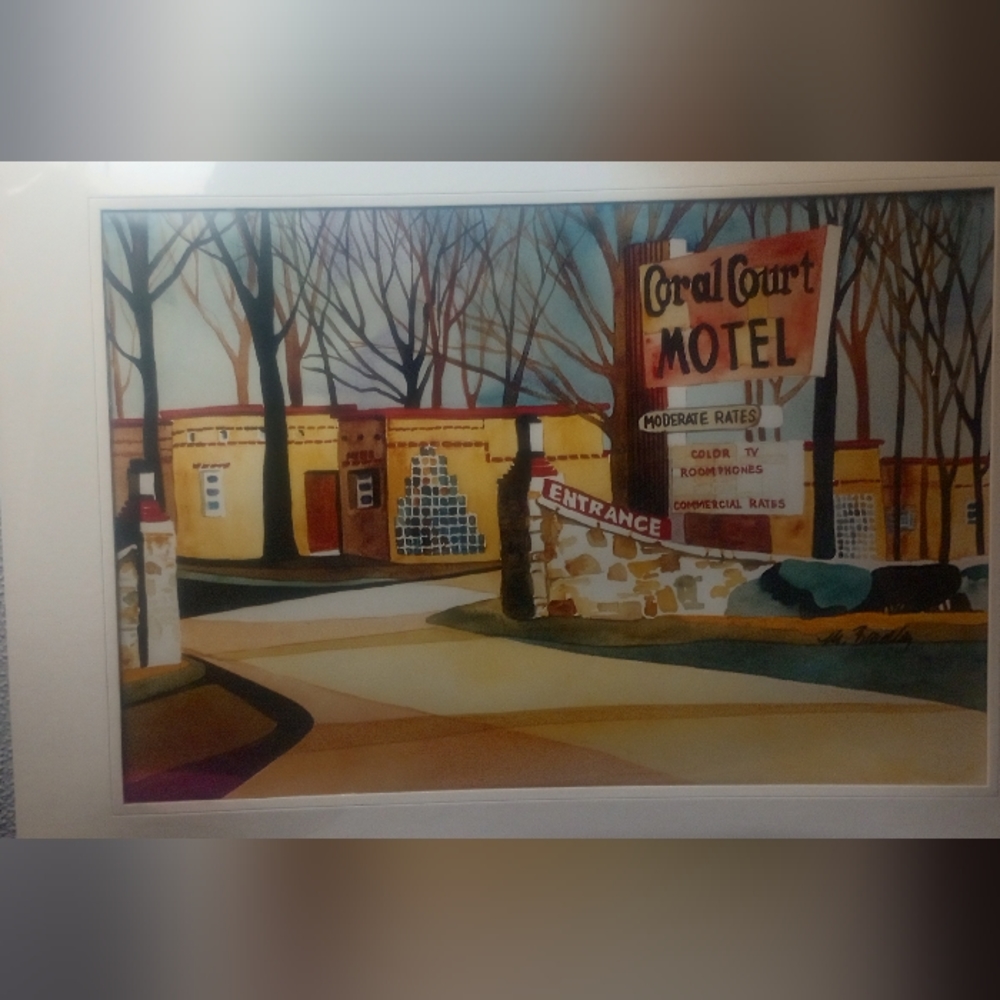 Vintage 1980s coral court motel St. Louis,Mo watercolor STL artist M. Bradley.